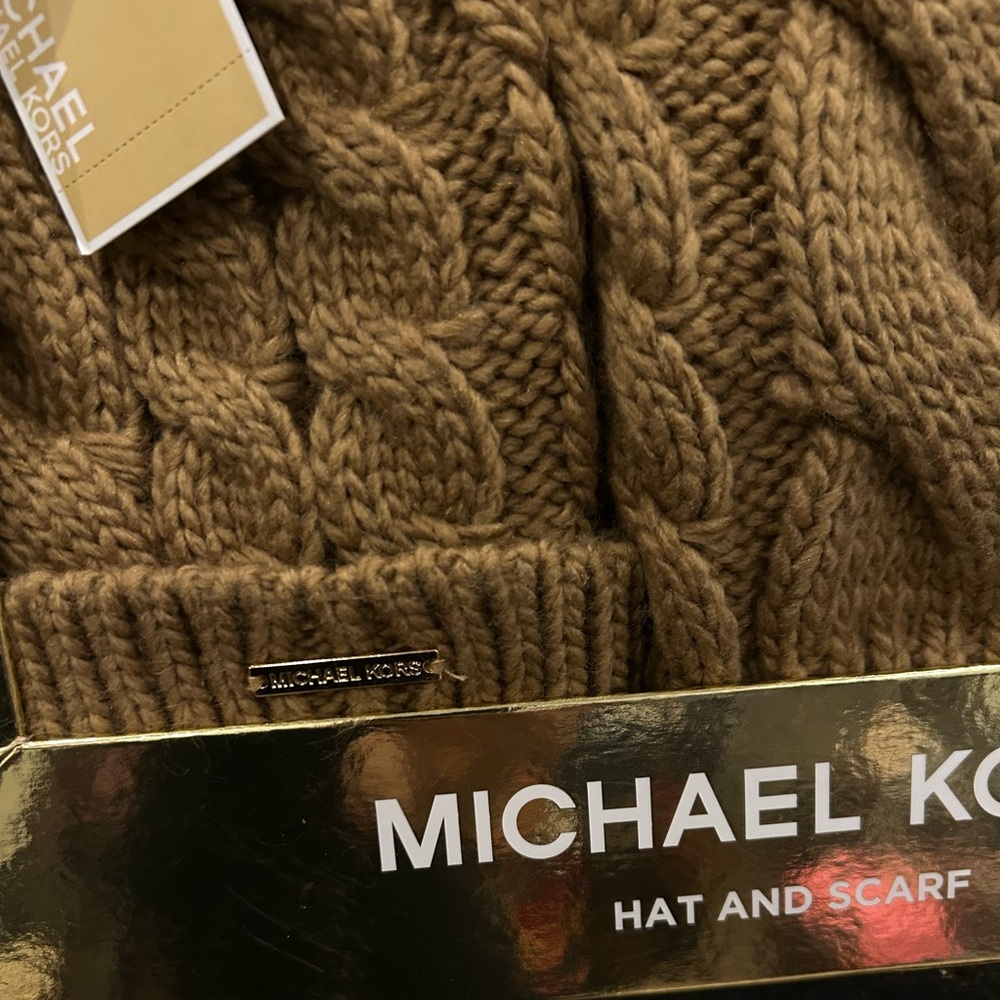 Michael Kors Tan Cable Knit Hat and Scarf Set - Picture 2 of 7
